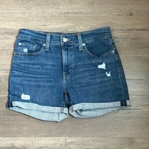 Levi’s Mid Length Denim Shorts Size 27 Cuffed Distressed Dark Wash Classic